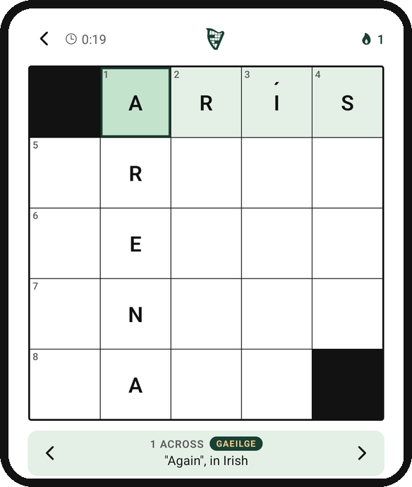 The app mid-solve: ARÍS across the top with its fada, GAEILGE clue below